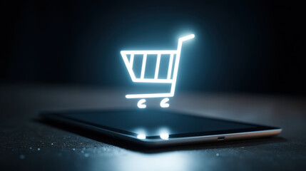 Glowing shopping cart icon appears above tablet, symbolizing online shopping and digital commerce. image conveys modern and tech savvy approach to retail