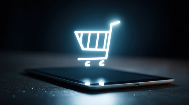Glowing shopping cart icon appears above tablet, symbolizing online shopping and digital commerce. image conveys modern and tech savvy approach to retail