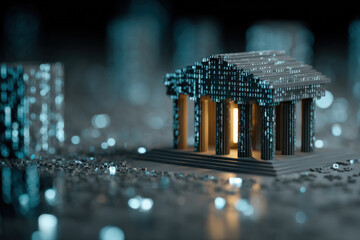 A miniature temple sculpture rests on a silicon circuit board, illuminated by warm glow, symbolizing technology, memory, and the convergence of tradition with digital innovation.
