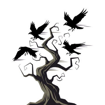 Stylized gnarled bare tree with twisted branches dark eerie abstract flat design isolate