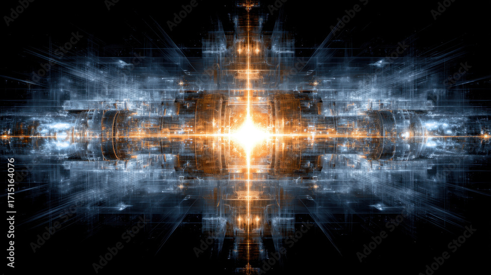 Poster vibrant digital abstract design featuring central glowing light surrounded by intricate patterns and