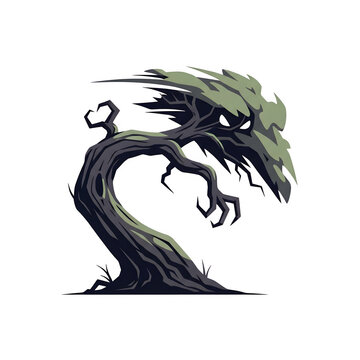 Spooky gnarled ancient tree with eerie branches and sharp leaf like structures isolate