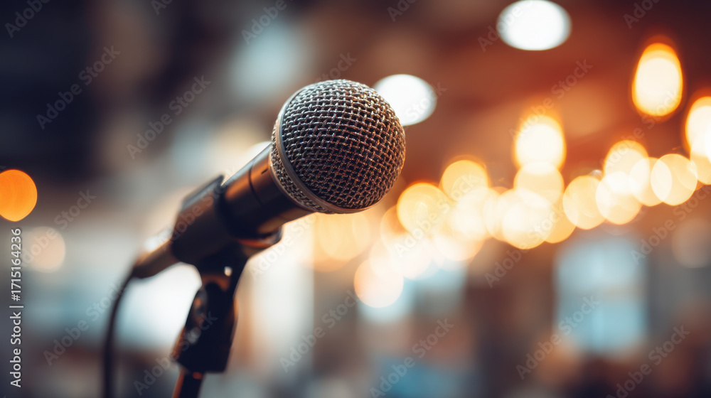 Aufkleber close up of microphone with blurred background of warm, glowing lights creates inviting atmosphere f