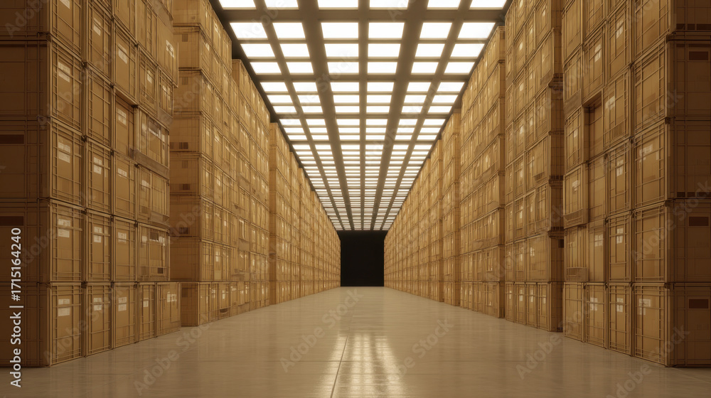 Poster spacious warehouse interior featuring neatly stacked storage containers along both sides, illuminate
