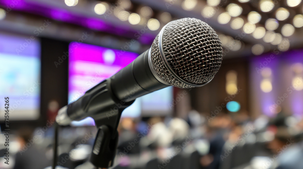 Aufkleber close up view of microphone conference setting, highlighting importance of public speaking and commu
