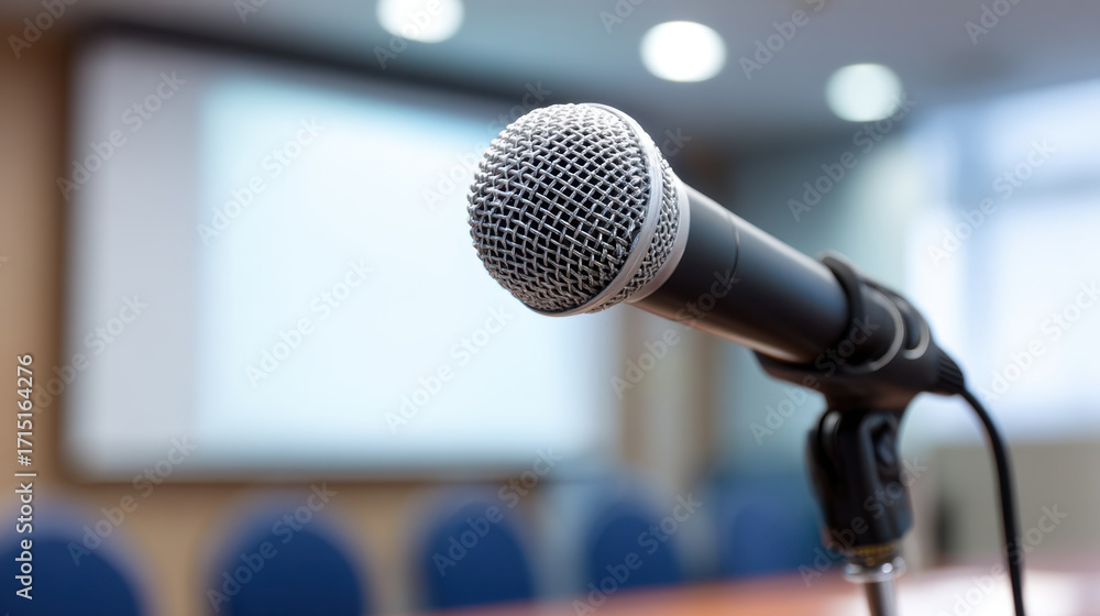 Aufkleber close up of microphone positioned stand, ready for use conference or presentation setting. backgroun