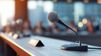 Microphone positioned on wooden table in conference setting, with blurred figures in background, suggesting formal discussion or presentation. warm lighting creates inviting atmosphere