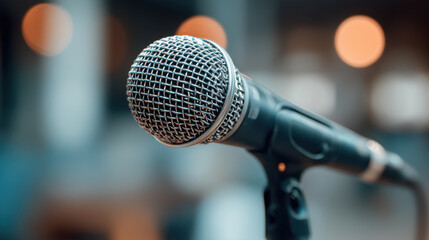 Fototapeta premium Close up of microphone with metallic mesh head, showcasing its detailed texture and design. background features blurred setting with soft bokeh lights, creating warm atmosphere