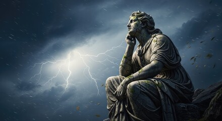 Pensive Statue Against a Stormy Sky with Lightning.