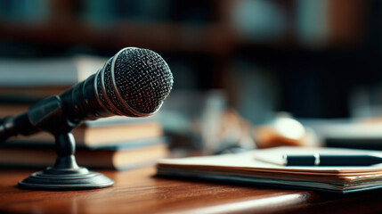 Microphone rests on wooden desk surrounded by books and pen, creating scholarly atmosphere perfect for discussions or presentations. scene evokes sense of anticipation and intellectual engagement