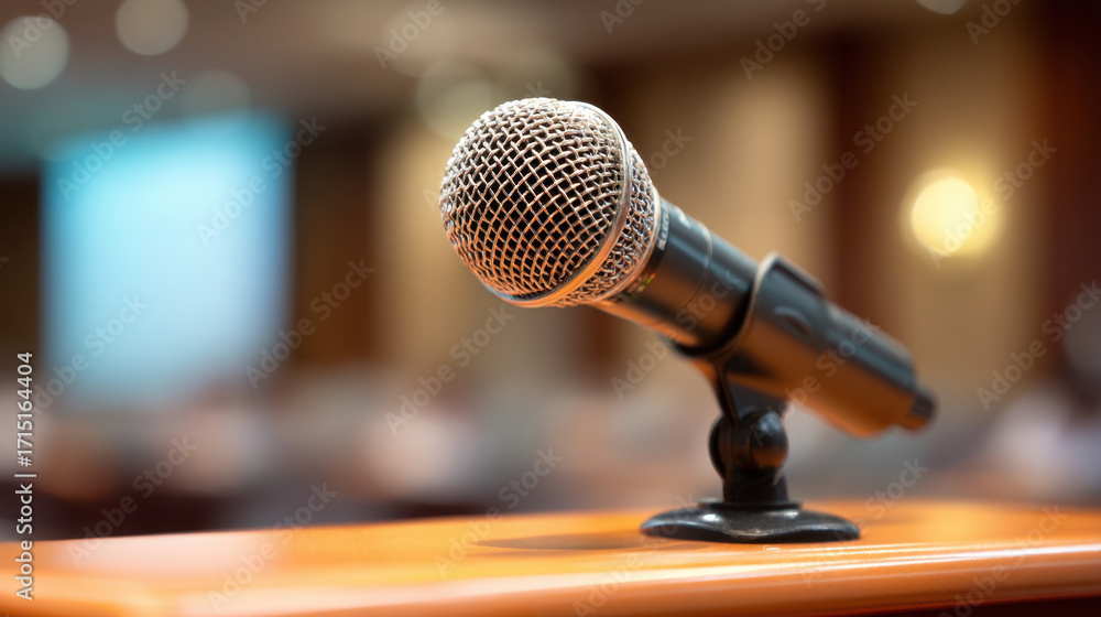 Poster close up view of microphone positioned stand, ready for use public speaking event. background is blu