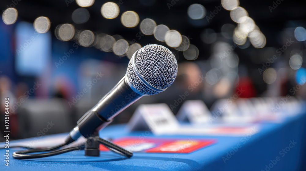 Poster close up view of microphone positioned on table, with blurred background featuring lights and confer