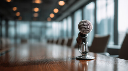 Microphone stands prominently on polished wooden table in modern conference room, surrounded by large windows that allow natural light to flood space, creating professional atmosphere