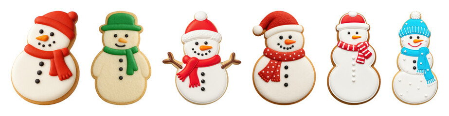 Decorated snowman cookie set including colorful hats and scarves isolated. Festive Christmas holiday food collection.