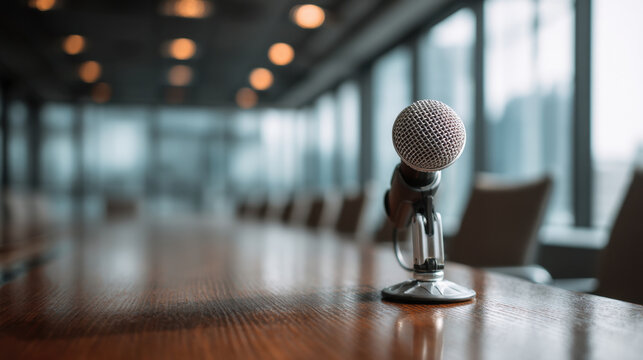 Microphone stands prominently on polished wooden table in modern conference room, surrounded by large windows that allow natural light to flood space, creating professional atmosphere
