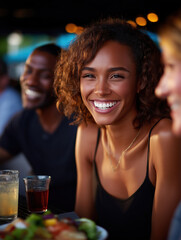 Smiling woman enjoying dinner with friends at night restaurant