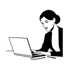 Black and white line art of a beautiful successful career woman working at desk with laptop illustration