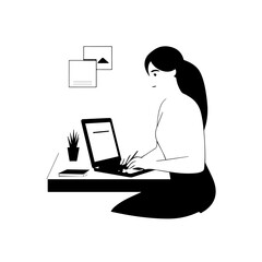 Black and white line art of a beautiful successful career woman working at desk with laptop illustration
