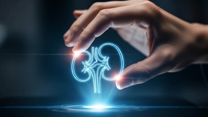 A human hand gently holds a glowing digital kidney, symbolizing the future of medical technology, organ health, and innovative digital healthcare advancements - Powered by Adobe