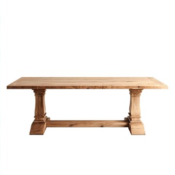 A long, rectangular wooden dining table with a thick, rustic top and a sturdy pedestal base featuring two turned columns connected by a horizontal beam, showcasing a light brown, natural wood finish