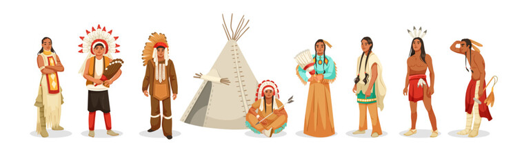 Group of Native American men and women in traditional attire with a tipi tent, flat cartoon style on white background. Concept of indigenous culture. Vector illustration © GN.STUDIO