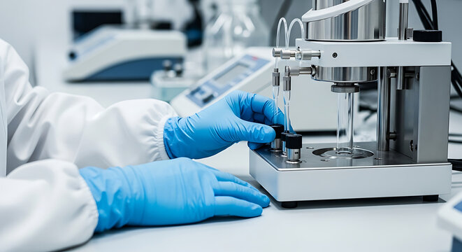 Professional laboratory technician wearing protective gloves while operating sophisticated scientific analysis equipment for research