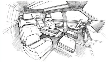 Luxury SUV Interior Concept – Black Line Industrial Sketch