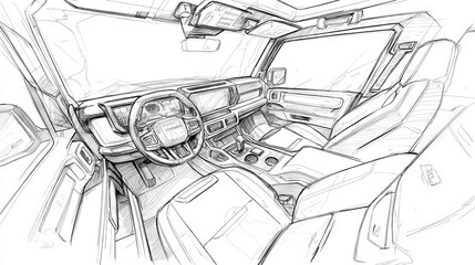 Luxury SUV Interior Concept – Black Line Industrial Sketch