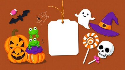 Fototapeta premium Cute halloween characters and candy surrounding a blank tag