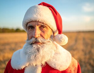 Santa Claus in a field at sunset