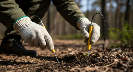 Professional technician conducting an environmental soil analysis in a forest using specialized measurement probes