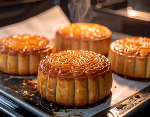 Freshly baked mooncakes in an oven