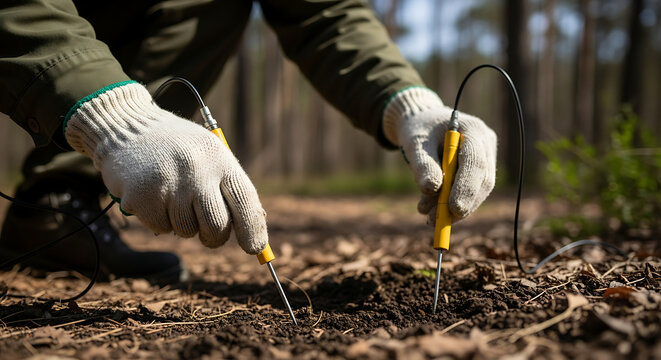 Professional technician conducting an environmental soil analysis in a forest using specialized measurement probes