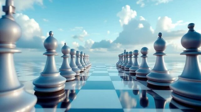 A long shot of a chessboard extending to a bright, cloudy sky, featuring rows of silver chess pawns arranged in a strategic formation, reflecting a calm and contemplative mood, shot with a