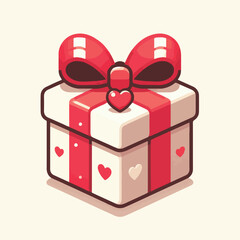 Small gift box with red heart ribbon with simple and minimalist flat design using white background