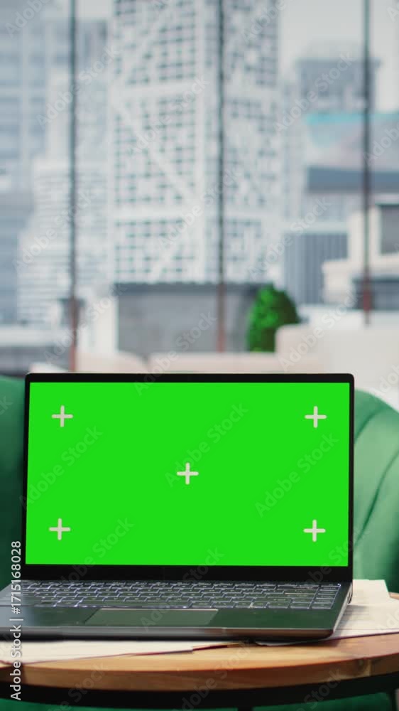 Poster Vertical Video Empty modern luxurious office showcasing isolated display on laptop, high end workspace equipped with professional gadgets and networking system. Career development and motivation.
