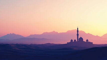 Majestic Mosque Silhouette at Sunset Over Mountains.