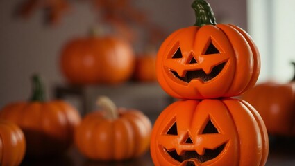 Stacked halloween jack o lanterns with blurred pumpkins background