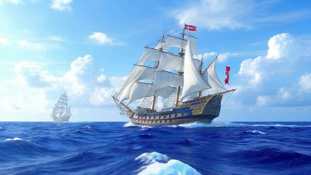 A majestic 18th-century sailing ship with billowing white sails navigates a vast, deep blue ocean under a bright, sunny sky; a smaller vessel is visible in the distance;  a vibrant,