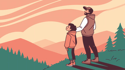 A father and daughter standing on a hilltop, enjoying the scenic view of mountains and sky, creating a heartwarming and adventurous moment together