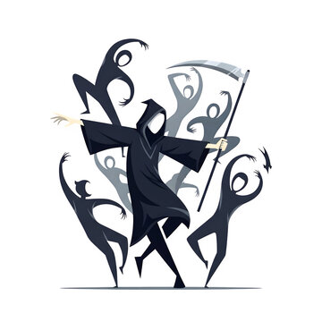 Grim Reaper character holding a scythe surrounded by ghostly figures isolate