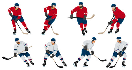 Set of male ice hockey players wearing red and white uniforms, cartoon style on white background. Concept of winter sport athletes. Vector illustration © GN.STUDIO