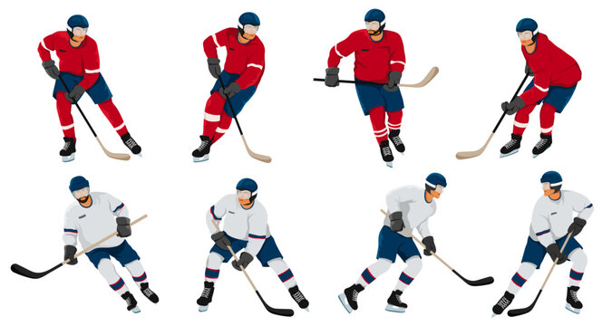 Set of male ice hockey players wearing red and white uniforms, cartoon style on white background. Concept of winter sport athletes. Vector illustration