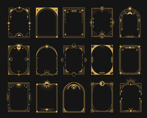 Collection of ornate golden mystical frame designs featuring moon, stars, and sun motifs in linear graphic style on black background. Vector illustration © GN.STUDIO