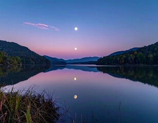Serene lake at dawn with a moon reflection