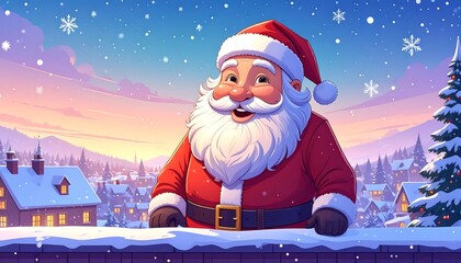 Santa gazing at a snowy town at dawn