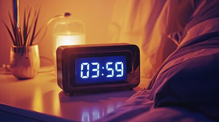 Sleeping Person Beside Digital Alarm Clock Showing 03:59 – Concept of Time and Rest