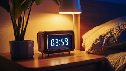 Sleeping Person Beside Digital Alarm Clock Showing 03:59 – Concept of Time and Rest