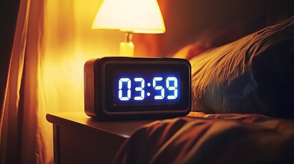 Sleeping Person Beside Digital Alarm Clock Showing 03:59 – Concept of Time and Rest