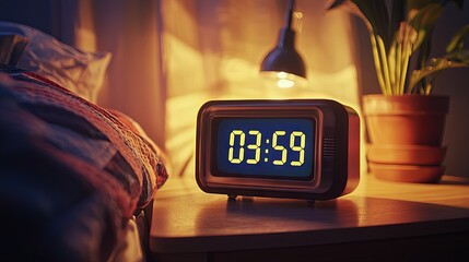 Sleeping Person Beside Digital Alarm Clock Showing 03:59 – Concept of Time and Rest